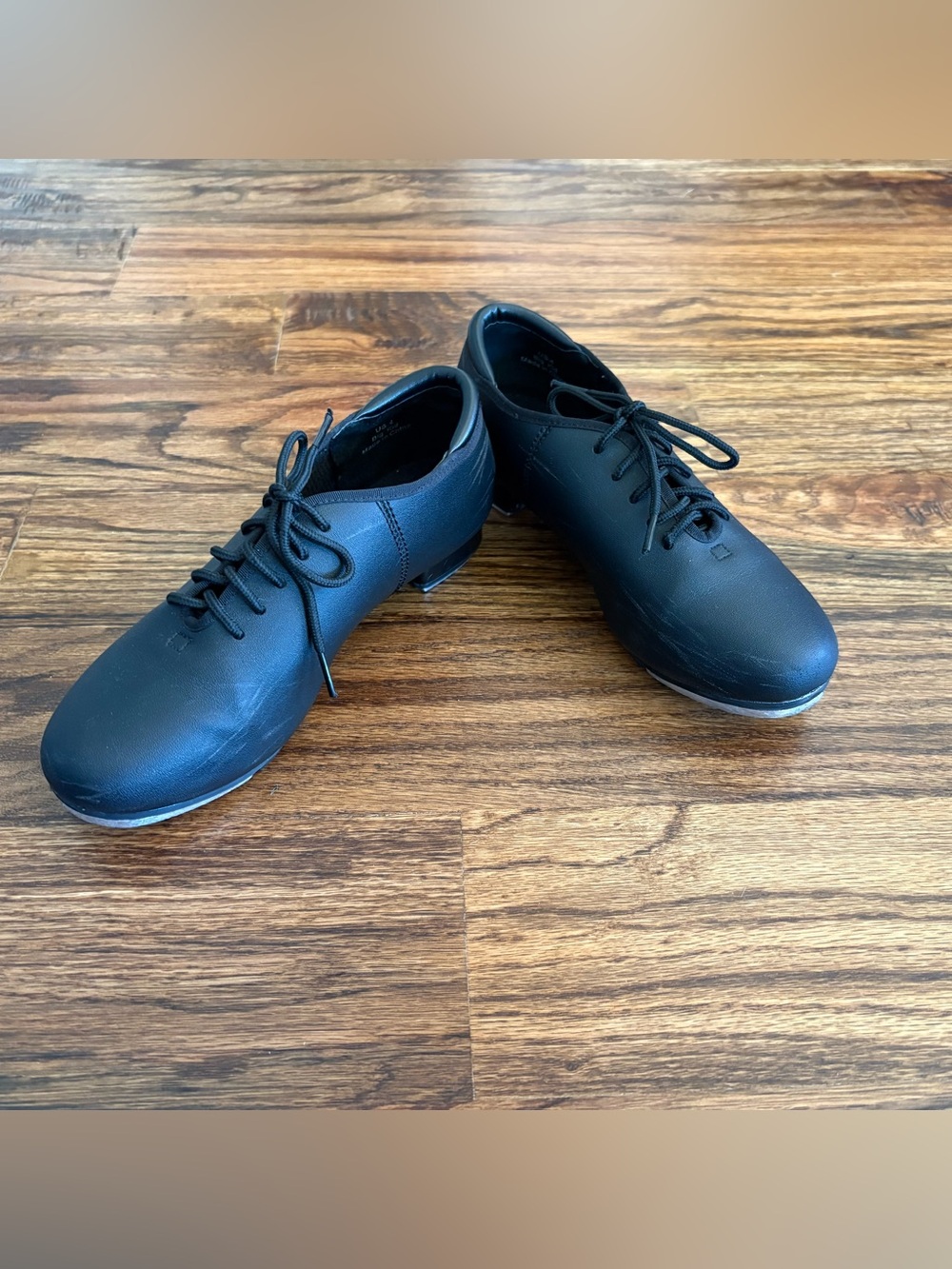Girls black tap dance shoes, lace up, size 4 big kid